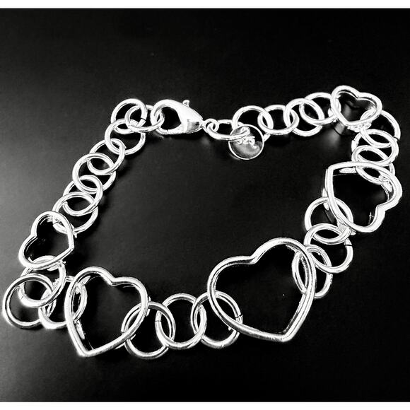 925 Sterling Silver Sterling Silver Open Heart Link Bracelet for Women 20CM 6-8” - Picture 5 of 5